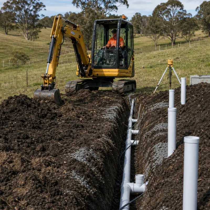 Underground drainage system installation with excavator and trenching for stormwater pipes