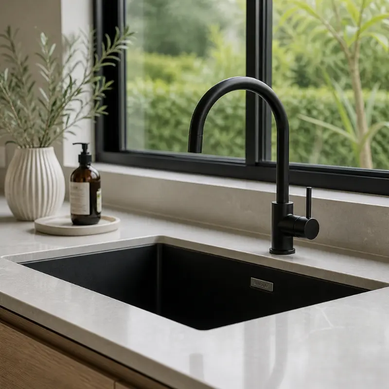 Modern kitchen sink with black tap and stone benchtop in a bright, natural light-filled home