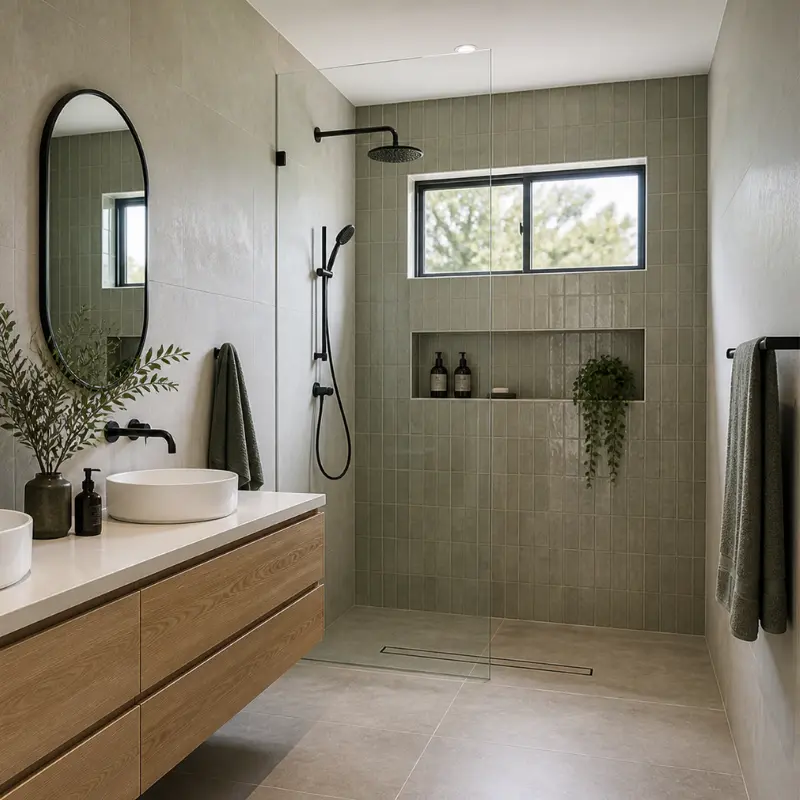 Bathroom renovation with modern fixtures, vanity and shower showcasing interior plumbing installation
