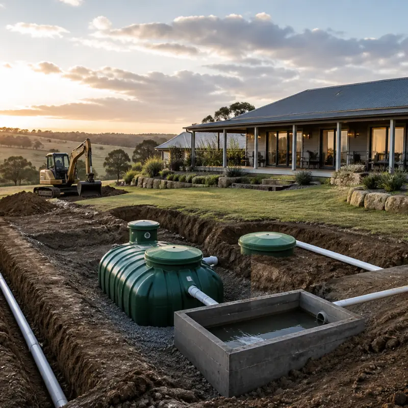 Septic tank and drainage system installation at a rural property with excavator, trenches and pipes beside a modern home at sunset